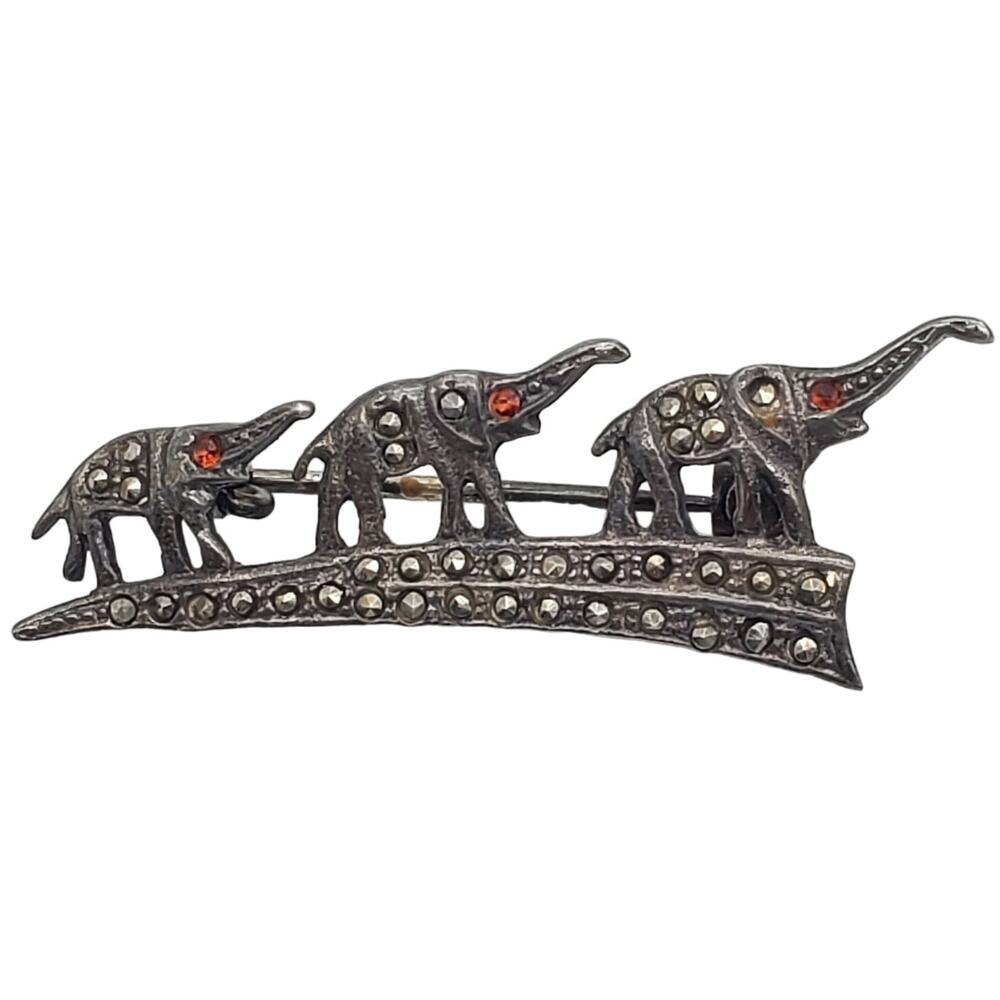 Sterling Silver‎ Marcasite Three Elephant Parade Brooch Red Eye Pin Vintage Deco